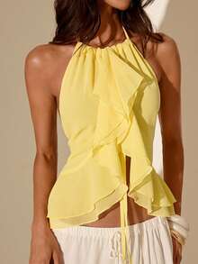 SHEIN Glamour Áo sơ mi voan đi nghỉ mát, viền bèo nhún voan, áo nữ, áo kiểu cổ yếm hở lưng màu vàng chanh, áo peplum cổ yếm bèo nhún kiểu Y2K, áo crop top voan mỏng cổ yếm, áo màu vàng pastel bèo nhún cho bữa brunch Phục Sinh, áo cổ yếm bèo nhún cho kỳ nghỉ xuân, áo cổ yếm và peplum thanh lịch, áo cổ yếm voan mỏng gợi cảm cho buổi hẹn hò, trang phục đi biển cho kỳ nghỉ xuân, lễ hội Coachella, phong cách Boho Y2K, trang phục dự đám cưới mùa xuân, trang phục bèo nhún lãng mạn cho đêm tiệc, áo bèo nhún mỏng gợi cảm cho lễ hội mùa xuân, trang phục thẩm mỹ. - Vàng nhạt - Xem 6