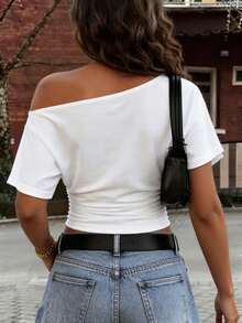 DrmWander 女士夏季新款时尚优雅纯色休闲百搭露肩收腰T恤，适合日常穿着、上学、海滩、度假等场合，白色夏季风格 - 白色 - 查看 2