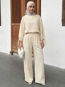 DAZY Bộ đồ nữ dáng rộng thoải mái kiểu đi biển, gồm áo thun ngắn tay và quần ống đứng, thích hợp cho mùa xuân/hè. - Màu be - Xem 4