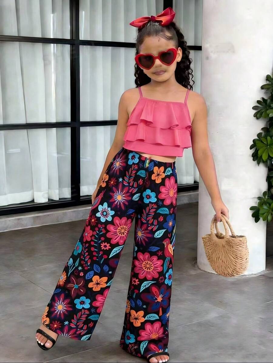 SHEIN Sparklyn Tween Girls Vacation Set, Layered Ruffle Camisole + Floral Print Wide Leg Pants, & Elegant For Daily , Beach Trip, Photo Shoot - Multicolor - View 1