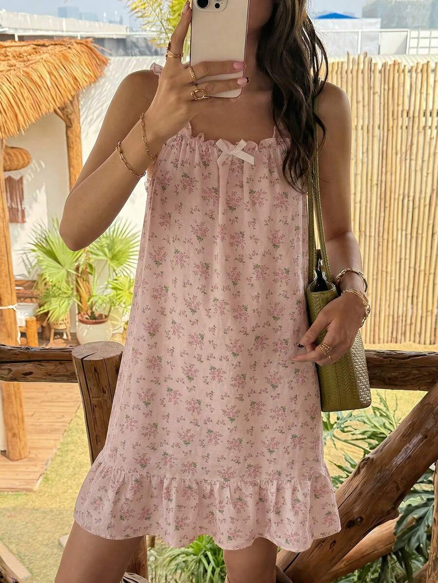 Sweet Floral Frill Trim Camisole Nightgown For Women Pajama, Moo Moo Night Dress - Baby Pink - View 1