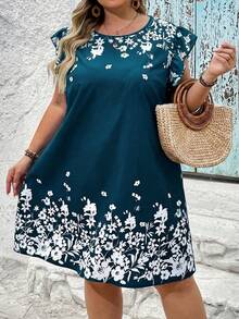 SHEIN CURVE+ Plus Size Boho Blue Teal Floral Print Summer Dress,Round Neck Ruffle Detail Woven Fabric Short Vacation Holiday Beach Outfits For Woman,Tea Party - Teal Blue - View 6