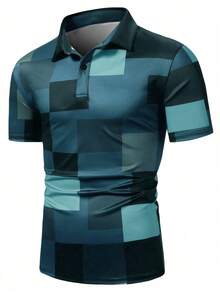 Manfinity Mode Áo Polo nam dáng casual, phối màu tương phản, cài cúc nửa thân - Màu xanh lam - Xem 5