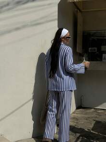 Bonvoyette Women's Blue & White Striped Loose Casual Long Sleeve Cardigan And High Waist Straight Leg Wide Leg Pants, Suitable For Summer Vacation - Blue and White - View 2