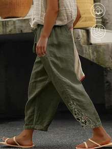 SHEIN Clasi Quần dài thường ngày cỡ lớn có viền thêu hoa chắp vá ở chân - xanh quân đội - Xem 1