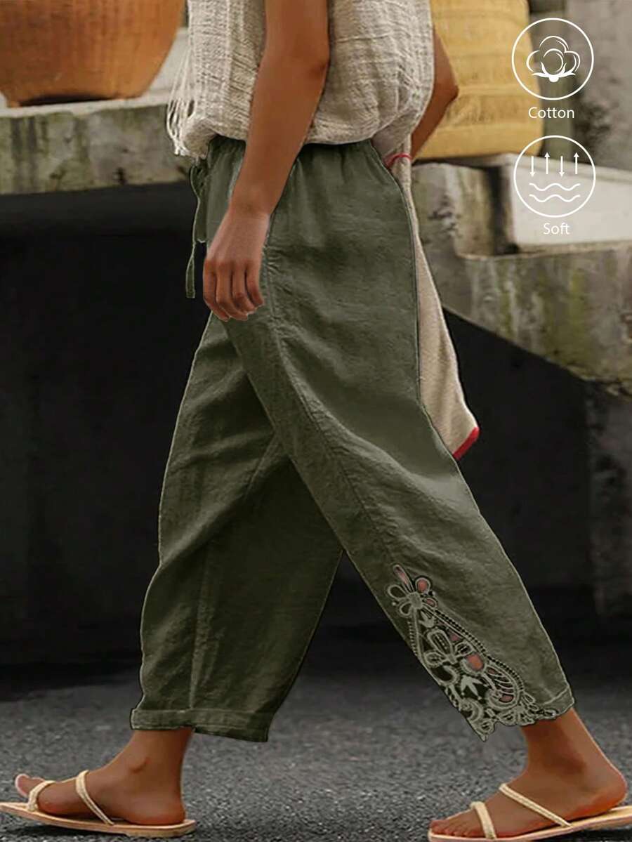 SHEIN Clasi Quần dài thường ngày cỡ lớn có viền thêu hoa chắp vá ở chân - xanh quân đội - Xem 1