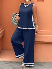 Bộ jumpsuit không tay xẻ tà phối màu tương phản dành cho nữ cỡ lớn, trang phục thường ngày đi nghỉ mát, thời trang đường phố. - Màu xanh hải quân - Xem 1