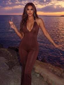 Glamine Women's Sexy Backless Tie-Front Jumpsuit, Suitable For Beach Vacation - Coffee Brown - View 4