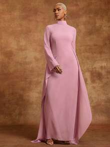 Vixey Đầm maxi dài tay cánh dơi cổ cao bằng vải chiffon màu nâu - Bụi hồng - Xem 3
