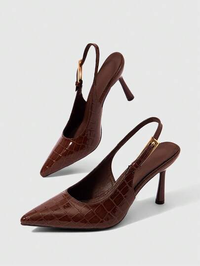 Sleekvia Tacones de aguja de mujer con punta afilada, estampado de piel de serpiente, contraste de color, tacón alto, zapatos de fiesta de vanguardia, textura de piedra marrón