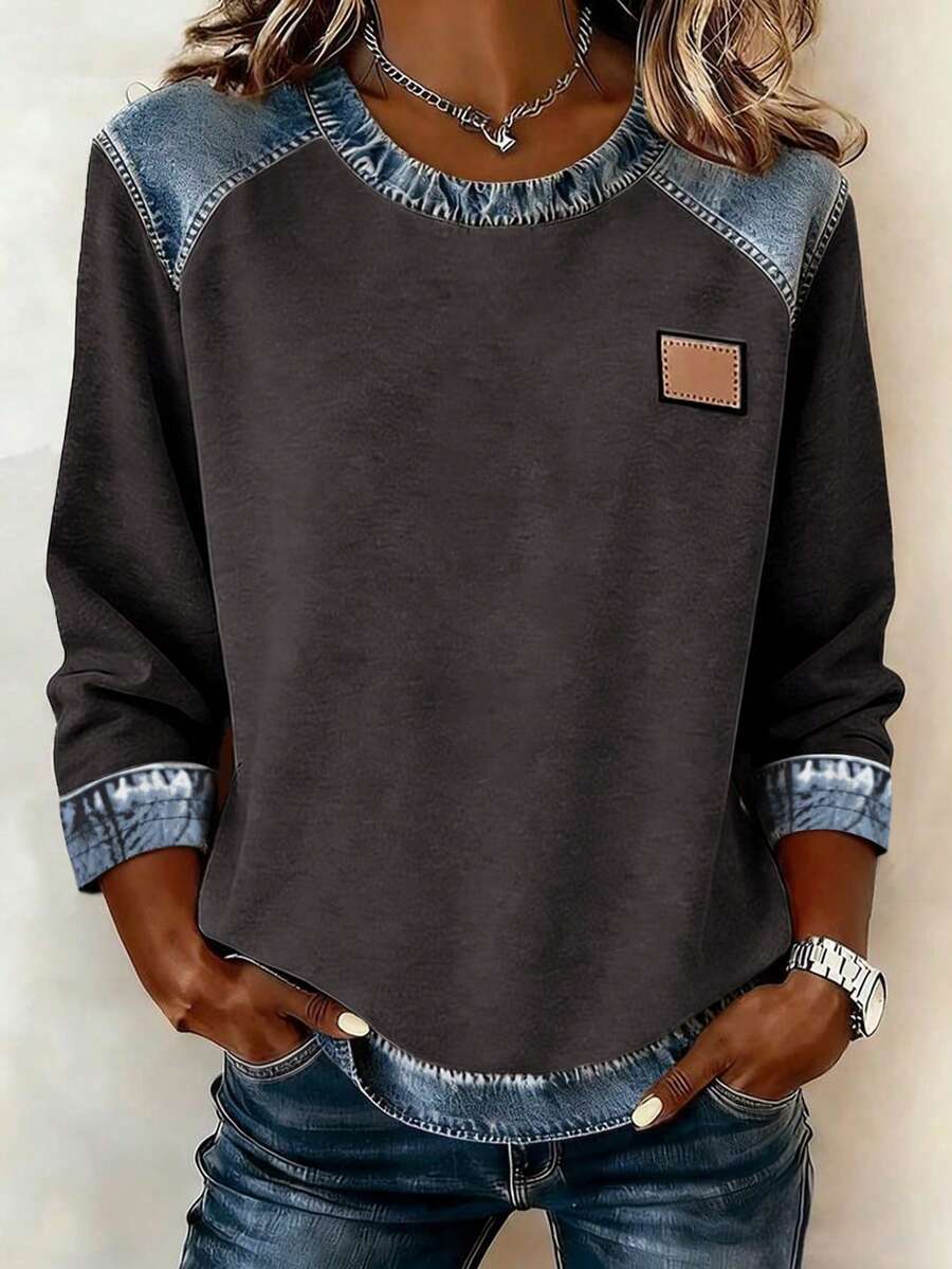 SHEIN LUNE Casual Color Block Long Sleeve T-Shirt, Suitable For Spring And Autumn - Multicolor - View 1