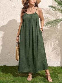 Comfylo 大码女式度假褶皱设计休闲吊带裙，适合节日穿着，也适合沙滩穿着，是度假、夏季、母亲节、夏季等各种场合的理想选择。 - 軍綠色 - 查看 7