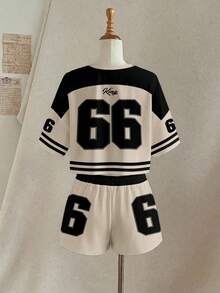 Slaydiva 女士夏季休闲撞色数字印花T恤和短裤两件套 - 彩色 - 查看 4