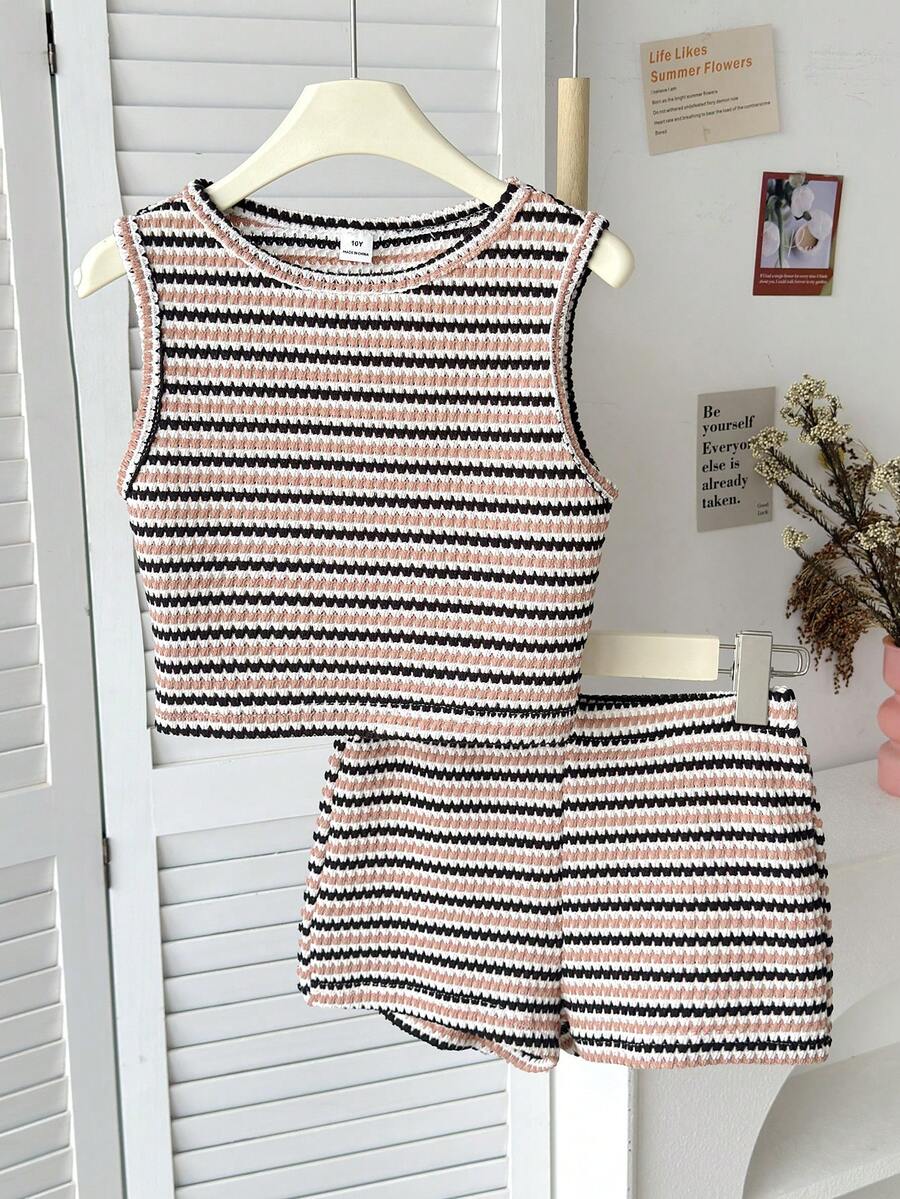 SHEIN Setelan Tank Top dan Celana Pendek Bergaris Kasual Longgar Minimalis Nyaman untuk Anak Perempuan Remaja - MultiWarna - View 1