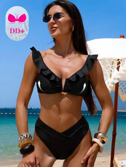 Swim DD+ Bộ đồ bơi cổ chữ V màu trơn mới dành cho nữ