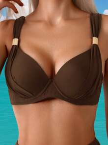 Swim Lushoire Women's Coffee Brown Bikini Set,Elegant Push Up Tummy Control Swimwear,Full Coverage Solid Color Bathing Suits For Summer,Beach,Holiday,Holiday - Coffee Brown - View 4