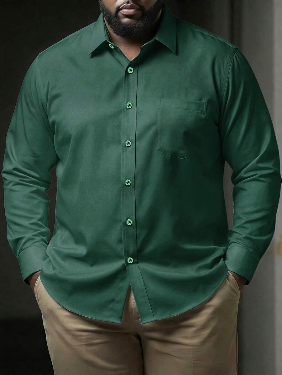 Manfinity Homme Camisa casual de manga larga con botones delanteros de unicolor para hombres de talla grande, otoño - Verde Oscuro - Ver 1