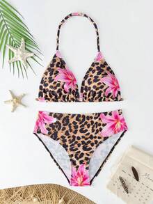 SHEIN Teen Girls Leopard Lily Knit Halter Bikini Set, Fashionable Casual Elegant Swimsuit For Swimming, Beach, Pool, Summer Vacation, Holiday - Multicolor - View 4