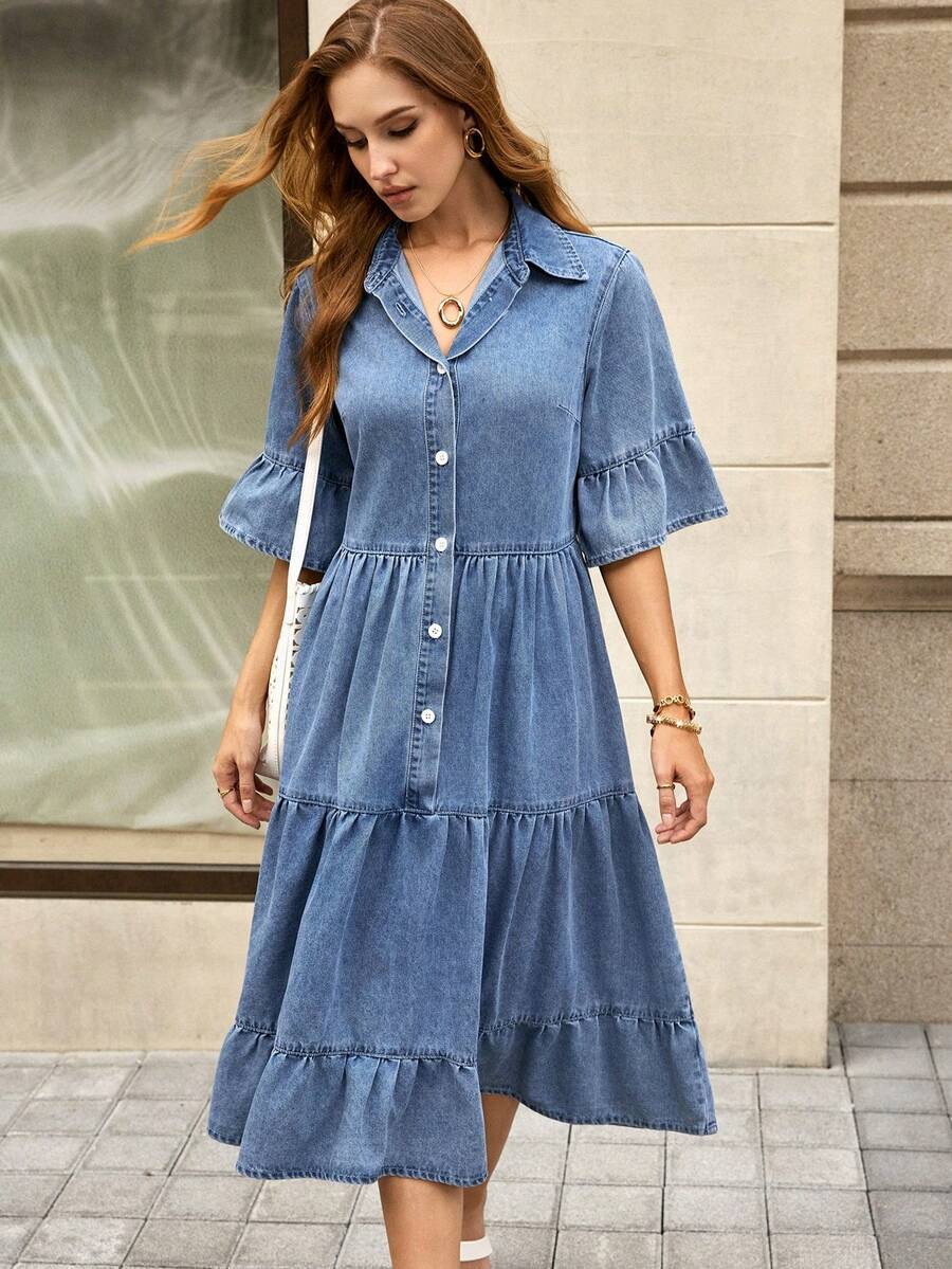 Selenza Đầm denim dáng rộng, ôm dáng, vạt xòe, cài một hàng khuy dành cho nữ - Rửa trung bình - Xem 1