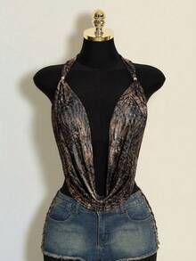 SHEIN ICON Bluză de plajă Y2k pentru femei, stil boho, gotic, fără spate, pentru ieșiri, Coachella, club, hippie, cu imprimeu leopard, imprimeu animal, decolteu adânc, fără spate, camisol, vară - Multicolor - Vizualizare 1