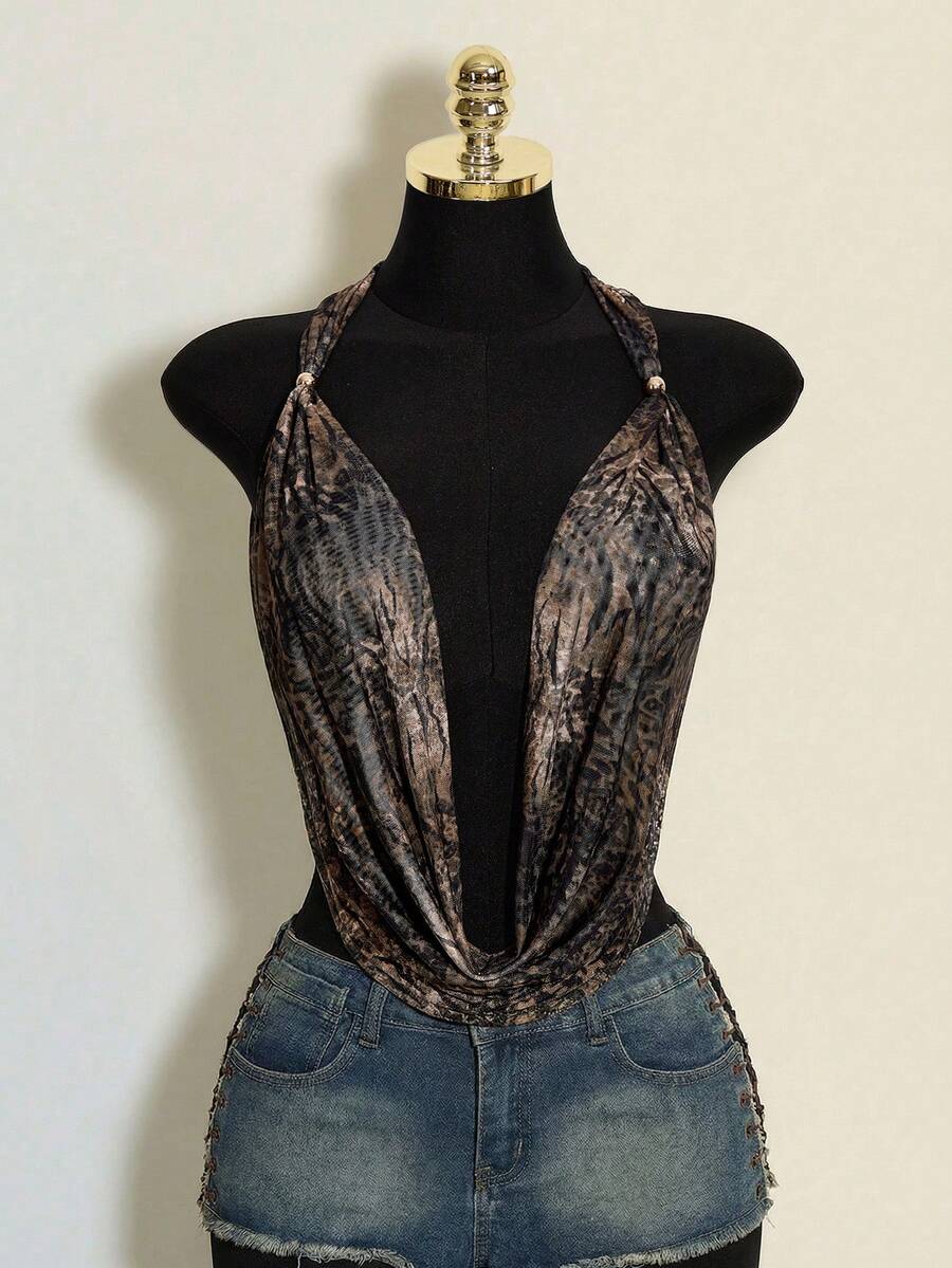 SHEIN ICON Bluză de plajă Y2k pentru femei, stil boho, gotic, fără spate, pentru ieșiri, Coachella, club, hippie, cu imprimeu leopard, imprimeu animal, decolteu adânc, fără spate, camisol, vară - Multicolor - Vizualizare 1