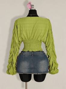SHEIN ICON Textured Fabric Waist Gathered Deep Shirred Shirred Petal Sleeve Women Blouse - Green - View 2
