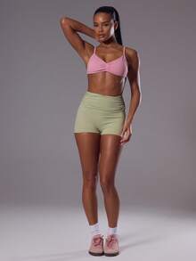 Musera Sport 褶皱前交叉绑带运动文胸，适合健身房、普拉提、日常休闲穿着，芙蓉花色 - 藕粉色 - 查看 5