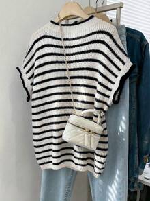 Franclia Regular Length Plus Size Casual French Style Black And White Striped Striped Knit Batwing Sleeve Top Everyday Summer - Black - View 2