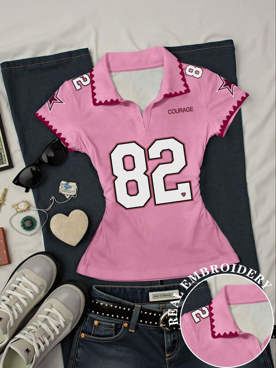 INAWLY Camiseta de mujer de verano con estampado numérico y de letras, con efecto desgastado - Multicolor - View 1