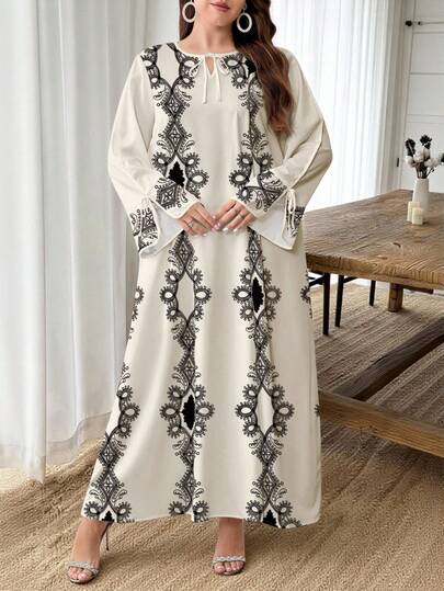 SHEIN Najma Rhombus Geometric Line Pattern Print Plus Size Women's Dress, Fashionable Small V-Neck Tie-Up Design Loose Long Dress, Spring/Summer Long Sleeve Elegant Maxi Dress, Ivory White Trim Design