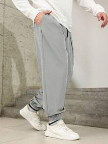 Manfinity Homme 男士加大码纯色斜插口袋休闲工装裤 - 灰色 - 查看 3