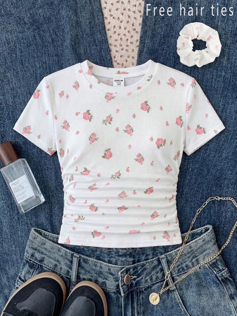 SHEIN 少女碎花修身休闲圆领短袖T恤，侧边荷叶边，附赠发圈 - 彩色 - 查看 1