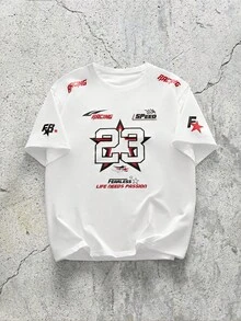 EVRINFINITE 男士赛车速度字母标语 23 图案 T 恤，休闲街头风，“勇敢的生活需要激情”，肩部印花，白色 - 白色 - 查看 1