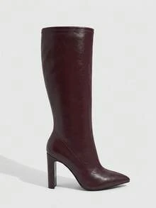 Daringsoles 女士尖头粗跟高跟紧身弹力PU皮性感侧拉链秋冬靴前卫舞会通勤女靴 - 酒紅色1 - 查看 4