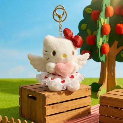 POKOJA LAND HELLO KITTY AND FRIENDS | 小猫毛绒玩具 - 带有丘比特粉色爱心，可爱涤纶填充动物，迷你吉祥物，非常适合送给女孩朋友、孩子作为生日、感恩节、复活节和派对礼物，也可作为沙发床表面装饰。
