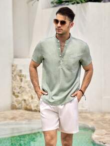 Mercer Haus 2pcs Set Men Green Short Sleeve Shirt & White Shorts With Pocket , Suitable For Summer Tropical Holiday Vacation In Hawaii. - Green - View 6