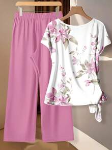 EMERY ROSE Women's Tie Bow Blouse And Loose Straight Leg Pants 2 Pieces Set,Casual - Multicolor - View 2