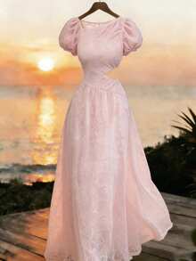 Modelyn 女士优雅腰部镂空花瓣袖提花连衣裙 - 粉色 - 查看 3