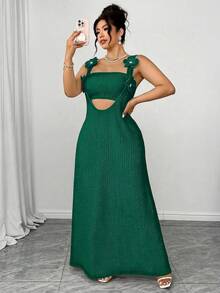 Elenzga 大码褶皱纹理针织面料肩带3D立体花卉装饰粗肩带长款连衣裙+修身短款吊带背心两件套，优雅适合外出、约会、派对、度假、下午茶等场合。 - 墨綠色 - 查看 4