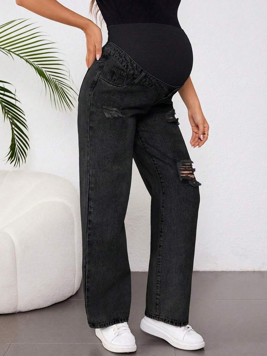 SHEIN 孕妇休闲宽松破洞直筒牛仔裤，蓝色 - 黑色 - 查看 1
