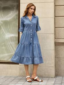 Selenza Đầm denim dáng rộng, ôm dáng, vạt xòe, cài một hàng khuy dành cho nữ - Rửa trung bình - Xem 5