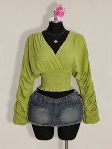 SHEIN ICON Textured Fabric Waist Gathered Deep Shirred Shirred Petal Sleeve Women Blouse - Green - View 3