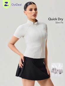 OutZeal Gym Top Women Sports Tee Solid Color Summer Spring Workout Casual Quick Drying Slim Fit Stand Collar Front Half Zip Active Tops - Beige - View 11