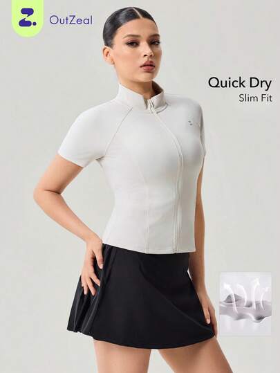 OutZeal 女士运动T恤 健身服 夏季速干修身立领前半拉链运动上衣