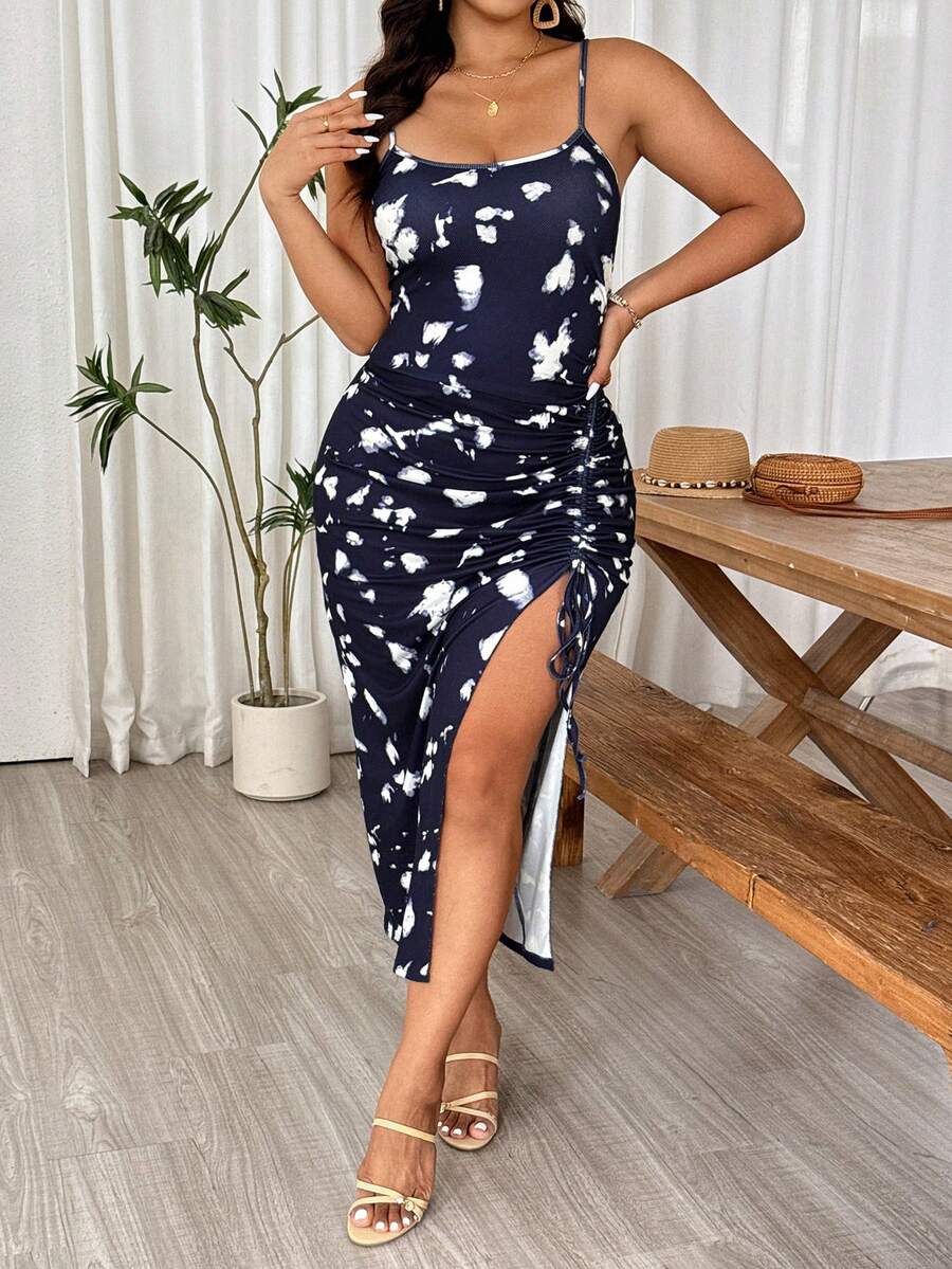 Breezaya Plus Size High Slit Drawstring Dress, Versatile Sophisticated Fashion Date Night Party Holiday - Navy Blue - View 1