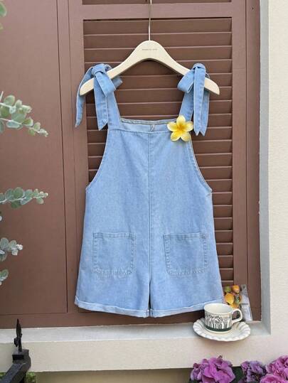 SHEIN Elegant Vacation Causal Baggy Bowknot Denim Overalls Jumpsuit Jeans Short With Rolled Hem,Tween Girls Summer Boho Holiday Jumpsuit,Suitable For Spring And Summer,Season Vintage/Beach/Sea/Elegant Graduation Outfit,Casual Women's Jumpsuit,Summer Holiday Outfits ,Spring Clothes Outfit,Beach Outfits For Women,Vacation Outfits Women,Valentine's Day Outfit,,Summer Cute Jumpsuit Jeans Short
