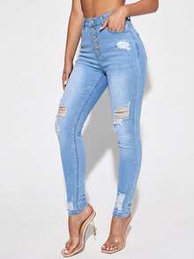 SHEIN ICON Casual Washed Distressed Slim Fit Denim Jeans - Blue - View 3