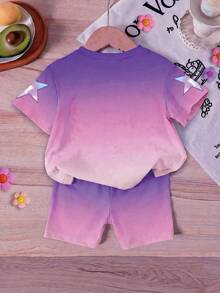 女童夏季休闲卡通人物渐变印花T恤和短裤套装 - 彩色 - 查看 4
