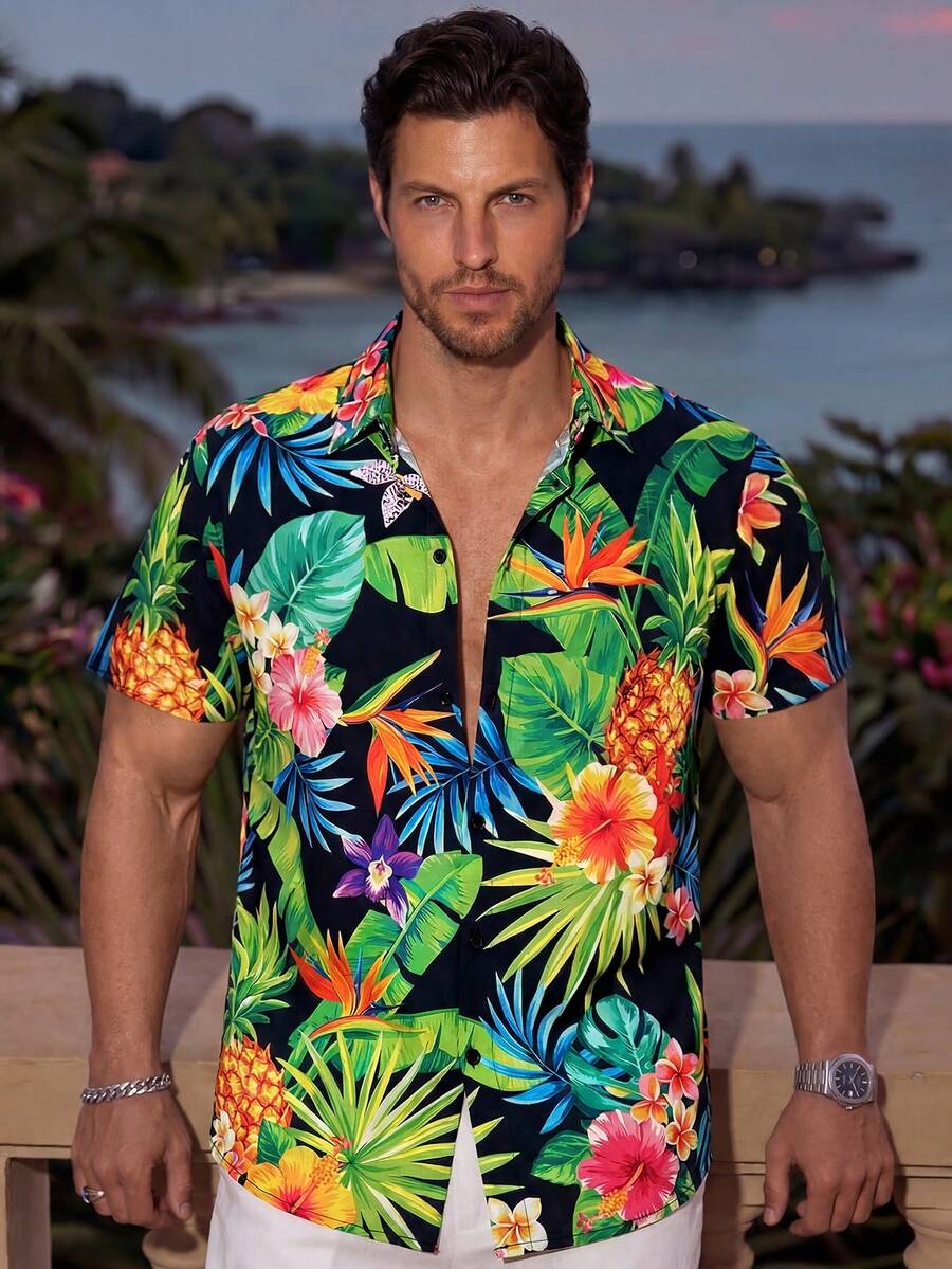 Maristyn Men's Tropical Hawaiian Shirt: Vibrant Floral & Pineapple Print Short Sleeve Button Down Shirt Regular Fit Woven Fabric For Summer, Luau Shirt, Men Tropical Shirts, Hawaii Shirt For Men, Pineapple Shirt Men - Multicolor - View 1