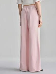 Ontre 2026SS Nuevos pantalones de pierna ancha para mujer, cintura elástica, cintura con cordón bordado, de moda, versátiles, color rosa, cómodos para el hogar y el deporte, adecuados para bodas, fiestas, vacaciones, San Valentín romántico, primavera/verano, oficina y uso casual - Rosa - Ver 6